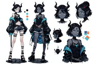 Young succubus woman, short black hair, blue pupils, black skin horns, defiant and evil look, seductive, sexy hips, dressed in sexy magic clothes, jean shorts and a metal band top, multiple girls, CharacterSheet (multiple views, full body, upper body, reference sheet:1), character design, reference sheet, multiple views,