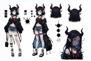 Young succubus woman, short black hair, blue pupils, black skin horns, defiant and evil look, seductive, sexy hips, dressed in sexy magic clothes, jean shorts and a metal band top, multiple girls, CharacterSheet (multiple views, full body, upper body, reference sheet:1), character design, reference sheet, multiple views,