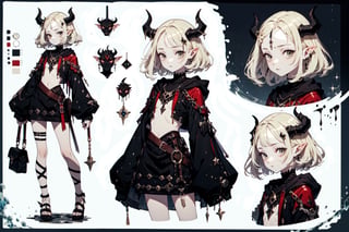 Young succubus woman, bob blond hair, small black horns, defiant and evil look, seductive, sexy hips, dressed in sexy magic clothes, multiple girls, CharacterSheet (multiple views, full body, upper body, reference sheet:1), character design, reference sheet, multiple views,