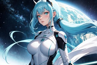 4K,hight resolution,One Woman, light blue hair,poneyTail.Green eyes,Colossal ,White Cybersuit,Bodysuits, Longsword, spaceship at the background in the space
