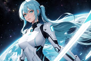 4K,hight resolution,One Woman, light blue hair,poneyTail.Green eyes,Colossal ,White Cybersuit,Bodysuits, Longsword, spaceship at the background in the space