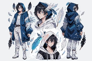 masterpiece, best quality, (extremely detailed face),20 years old handsome male, (short black hair), blue pupils,  dressed in White top, (white, hooded jacket with blue pattern on the edge, (loose sleeves)), (white slim pants), (white long boots decorated with lot of white feathers),(feather and sapphire accessories), elegant clothing, CharacterSheet (multiple views, front full body, back full body, reference sheet:1), character design, reference sheet, multiple views(gray background, simple background:1.2), 1guy, masculine,1guy