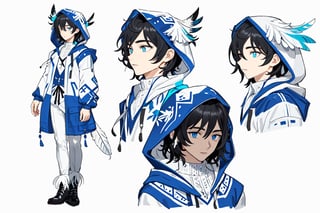 masterpiece, best quality, (extremely detailed face),20 years old handsome male, (short black hair), blue pupils,  dressed in White top, (white, hooded jacket with blue pattern on the edge, (loose sleeves)), (white slim pants), (white long boots decorated with lot of white feathers),(feather and sapphire accessories), elegant clothing, CharacterSheet (multiple views, front full body, back full body, reference sheet:1), character design, reference sheet, multiple views(gray background, simple background:1.2), 1guy, masculine,1guy