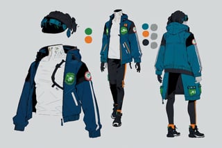 masterpiece, best quality, (extremely detailed face), jacket with blue and green pattern  CharacterSheet (multiple views, front view, back view, reference sheet:1), jacket design, reference sheet, multiple views(gray background, simple background:1.2)