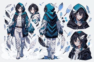 masterpiece, best quality, (extremely detailed face),20 years old handsome male, (short black hair), blue pupils,  dressed in White top, (white, hooded jacket with blue pattern on the edge, (loose sleeves)), (white slim pants), (white long boots decorated with lot of white feathers),(feather and sapphire accessories), elegant clothing, CharacterSheet (multiple views, front full body, back full body, reference sheet:1), character design, reference sheet, multiple views(gray background, simple background:1.2), 1guy, masculine,1guy