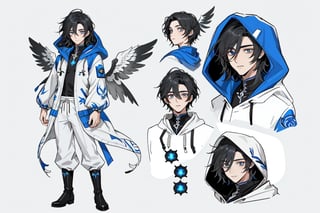 masterpiece, best quality, (extremely detailed face),20 years old handsome male, (short black hair), blue pupils,  dressed in White top, (white, hooded jacket with blue pattern on the edge, sleeves like wings) white slim pants, white boots decorated with lot of white feathers,feather and sapphire accessories, elegant clothing, CharacterSheet (multiple views, front full body, back full body, reference sheet:1), character design, reference sheet, multiple views(gray background, simple background:1.2), 1guy, masculine,1guy