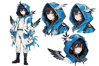 masterpiece, best quality, (extremely detailed face),20 years old handsome male, (short black hair), blue pupils,  dressed in White top, (white, hooded jacket with blue pattern on the edge, sleeves like wings) white slim pants, white boots decorated with lot of white feathers,feather and sapphire accessories, elegant clothing, CharacterSheet (multiple views, front full body, back full body, reference sheet:1), character design, reference sheet, multiple views(white background, simple background:1.2), 1guy, masculine,1guy