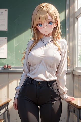 (best quality),(masterpiece),(ultra detailed),1 lady, long hair, blonde hair, glasses, cool, white sweater, pants, classroom, teacher