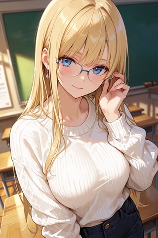 (best quality),(masterpiece),(ultra detailed),1 lady, long hair, blonde hair, glasses, cool, white sweater, pants, classroom, teacher