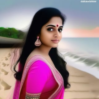 a beautiful indian girl waiting for her lover with beautiful eyes, dressed in pink coloured saree at a beach