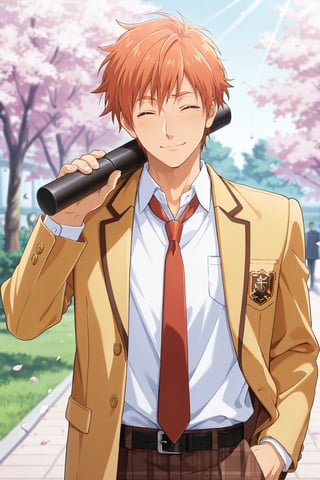 solo,1boy,Tarou Kabakura,orange hair,brown eyebrows,very short hair,school uniform,yellow blazer,open blazer,red necktie,collared shirt,white shirt,long sleeves,shirt tucked in,black belt,belt buckle,brown pants,plaid pants,unmoving pattern,white sneakers,BREAK:anime coloring:1.2,anime:1.2,beautiful detail,manly,expressive,beatiful detail hand,perfect hand,male hand,score_9,score_8_up,masterpiece,male focus,highres,best quality,amazing quality,square face,square jawline,oblong face,male face,male eyes,male eyebrows,burly,intricate details,male focus,toned male,muscular male,tall,athletic,BREAK:high resolution,extremely detailed,ultra highres,exquisite,insanely detailed,shiny skin,robust,extremely hands,extremely eyes,5 finger,4 finger,1 thumb,BREAK:straight on,day,dropplet sunlight,tree shade,graduation,school garden,cherry blossoms,petals,beautiful detail scenary,grass,blurry background,upper body,close eyes,smile,close mouth,tearing,joy,happy,crowd,one hand in pocket,one arm over shoulder
