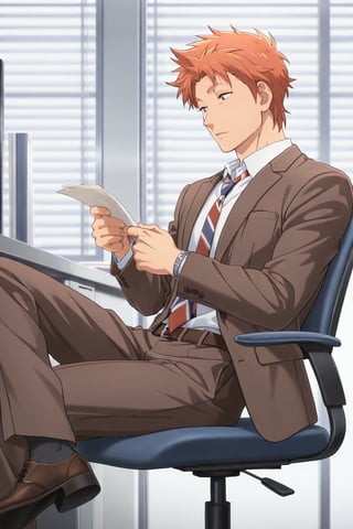 solo,1boy,Tarou Kabakura,spiked hair,short hair,orange hair,brown eyebrows,formal,suit,brown jacket,open jacket,diagonal-striped necktie,collared shirt,white shirt,breast pocket,longsleeves,brown belt,brown pants,brown loafers,single wristwatch,BREAK:anime coloring:1.2,anime:1.2,beautiful detail,manly,expressive,beatiful detail hand,perfect hand,male hand,score_9,score_8_up,masterpiece,male focus,highres,best quality,amazing quality,square face,square jawline,oblong face,male face,male eyes,male eyebrows,burly,intricate details,male focus,toned male,muscular male,tall,athletic,BREAK:high resolution,extremely detailed,ultra highres,exquisite,insanely detailed,shiny skin,robust,extremely hands,extremely eyes,5 finger,4 finger,1 thumb,BREAK:indoors office,sitting office chair,office desk,desk top monitor,holding papers,looking at object,from side,blind,office interior,hand keyborad