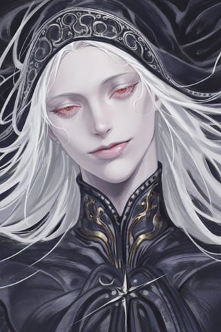 1man, solo, elegant aristocratic young man, delicate handsome features, slender face, pale skin, long straight white hair parted on the side, loose hair in face, striking glowing red irises, half-closed sleepy red eyes, narrow eyes. eerie calm demeanor, smug closed-mouth smile, wide thin lips. wearing a dark navy blue high-collar tunic, ornate gold embroidery on collar, black fur mantle on one shoulder, dark fairytale fantasy noble fashion. face focus, shoulders up portrait, looking at viewer, calm posture. masterpiece, best quality, ultra detailed, realistic painterly style, crisp outlines, soft shading, cinematic portrait lighting, ethereal glow, sharp contrast, glossy reflections, dramatic chiaroscuro, dynamic brush strokes. vibrant saturated colors,sketchy lineart
