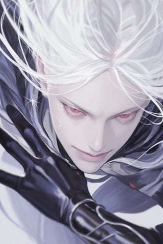 1man, masculine, dynamic pose, dynamic angle, crisp outlines, soft shading, cinematic position, wizard, solo, wide smile, smug smile, closed mouth, albino, long straight white hair, red iris, beautiful sleepy red eyes, soft lighting, natural pose, masculine features, straight nose, black clothes, black gloves, silver accessories, fantasy fashion, dark fairytale theme, masterpiece, best quality, ultra detailed, cinematic action shot, face focus, face closeup, sharp contrast, glowing accents, dynamic perspective, ethereal glow, glossy reflections, vibrant color grading, motion blur streaks, painterly lighting, dramatic composition, dynamic brush strokes, vibrant saturated colors
