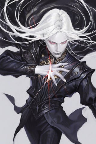 1man, solo, elegant aristocratic young man, delicate handsome features, long nose, slender face, pale skin, long straight white hair, side part, loose long hair in face, striking glowing red irises, half-closed sleepy red eyes, narrow eyes. eerie calm demeanor, smug yet gentle closed-mouth smile, wide thin lips, pale lips. wearing a dark navy blue high-collar tunic, ornate gold embroidery on collar, black fur mantle on one shoulder, dark fairytale fantasy noble fashion. face focus, cowboy shot, dramatic angle, dynamic shot, dramatic pose. masterpiece, best quality, ultra detailed, realistic painterly style, crisp outlines, soft shading, cinematic portrait lighting, ethereal glow, sharp contrast, glossy reflections, dramatic chiaroscuro, dynamic brush strokes. vibrant saturated colors,sketchy lineart