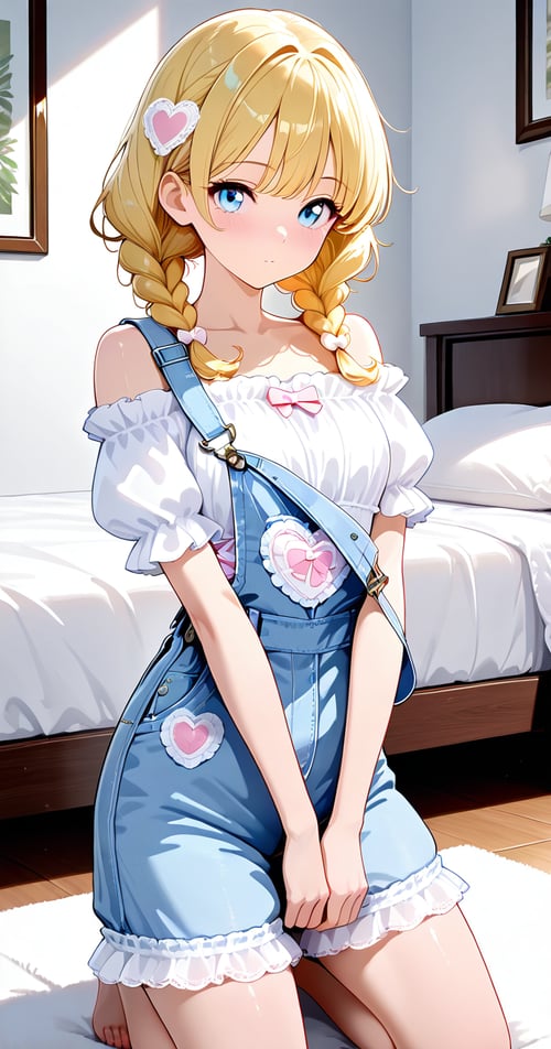 Lace Off Shoulder Blouse & Heart Patch Denim Short by reprinter on Tensor.Art