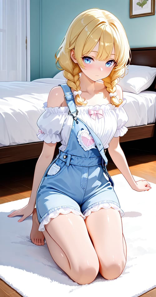 Lace Off Shoulder Blouse & Heart Patch Denim Short by reprinter on Tensor.Art