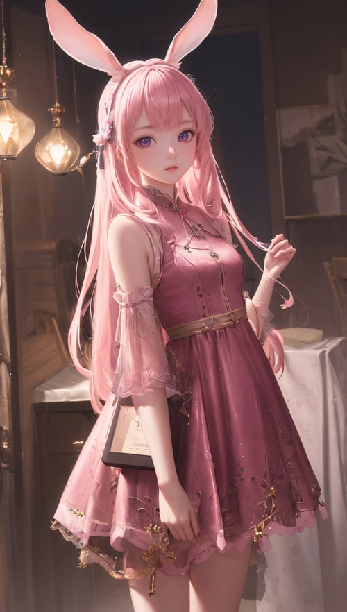绝色粉发粉裙兔耳少女 by 福喜闲人 on Tensor.Art