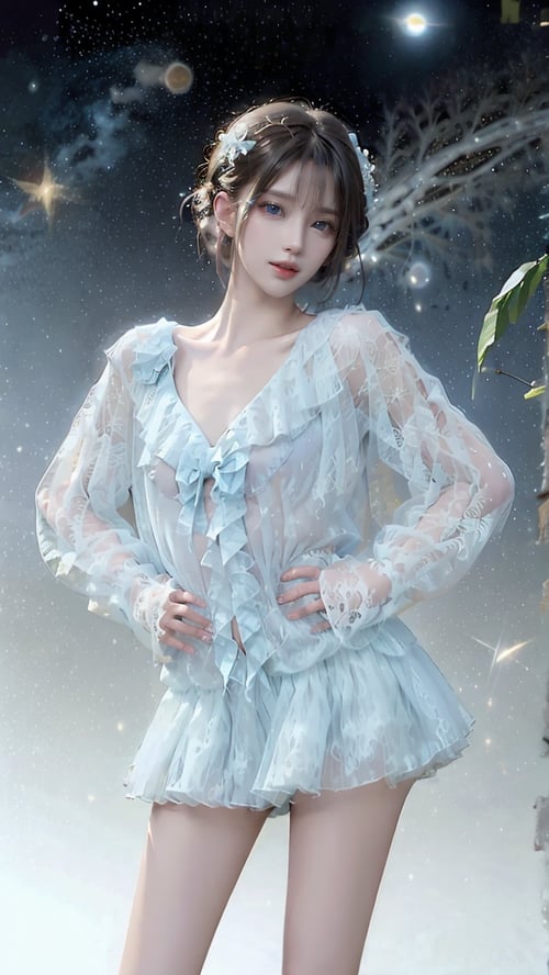 淺藍色法式V領蕾絲燈籠袖洋裝 by 小良 on Tensor.Art