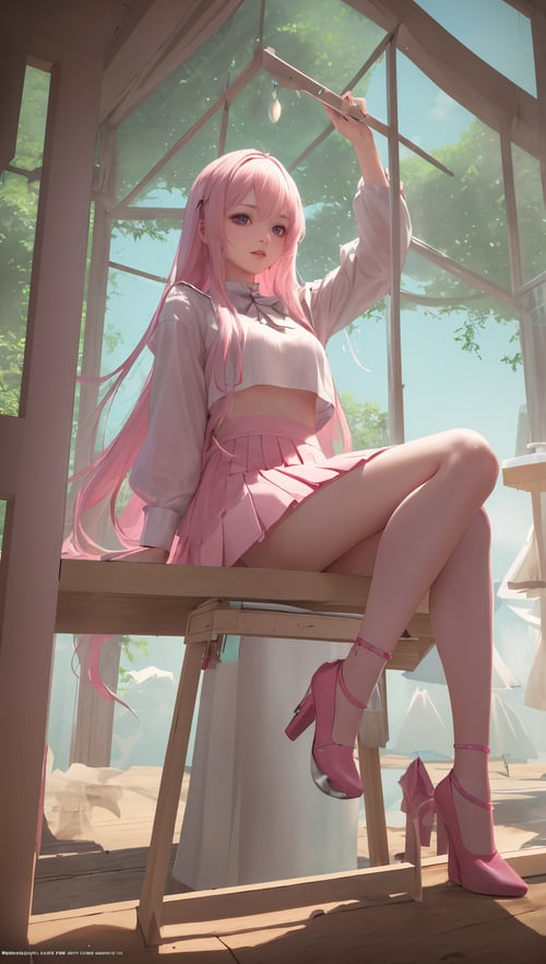粉发少女梦幻微笑白T恤浅粉百褶裙 by 福喜闲人 on Tensor.Art
