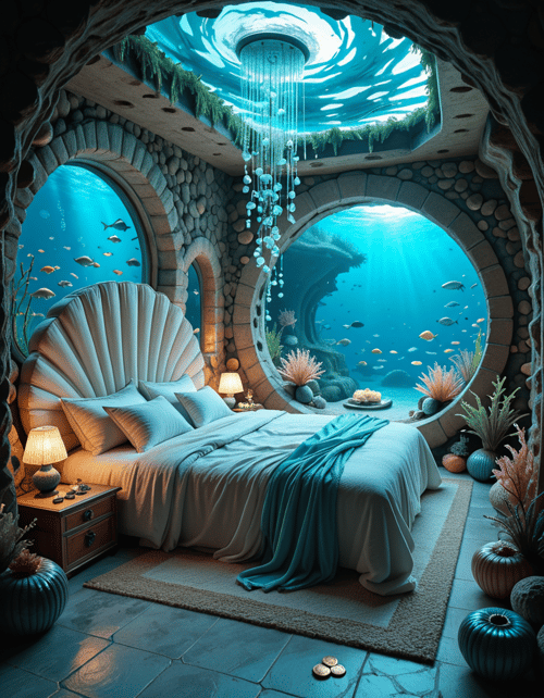 bedroom of the Mermaid v2 illu blue version by user_874754251056777575 on Tensor.Art