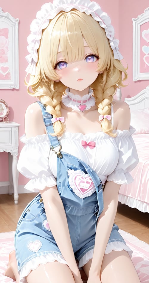 Lace Off Shoulder Blouse & Heart Patch Denim Short by reprinter on Tensor.Art