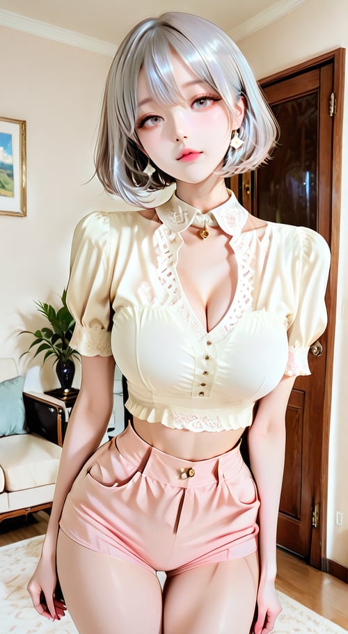 Lace Puff Sleeve Crop Top High Waist Ribbed Short by reprinter on Tensor.Art