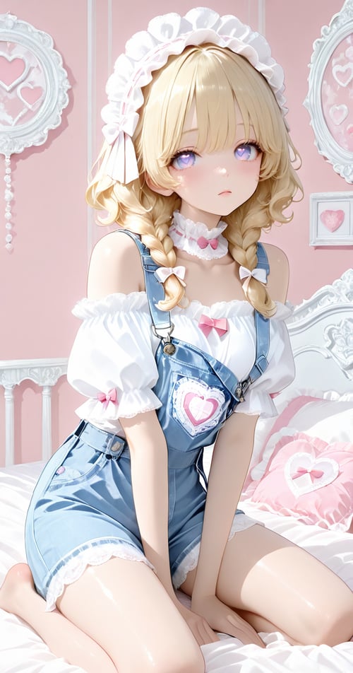 Lace Off Shoulder Blouse & Heart Patch Denim Short by reprinter on Tensor.Art