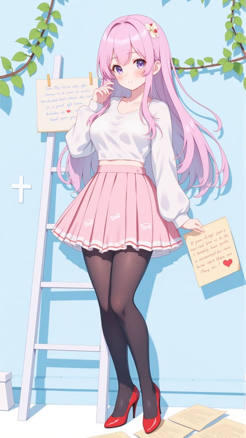 粉发少女梦幻微笑白T恤浅粉百褶裙 by 福喜闲人 on Tensor.Art