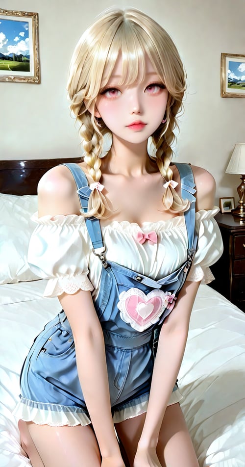 Lace Off Shoulder Blouse & Heart Patch Denim Short by reprinter on Tensor.Art