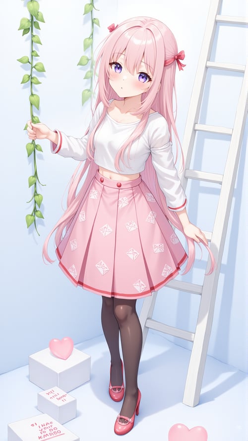 粉发少女梦幻微笑白T恤浅粉百褶裙 by 福喜闲人 on Tensor.Art