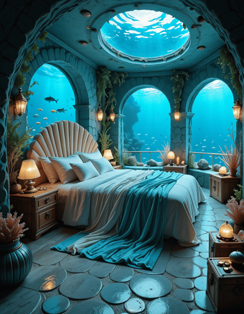 bedroom of the Mermaid v2 illu blue version by user_874754251056777575 on Tensor.Art