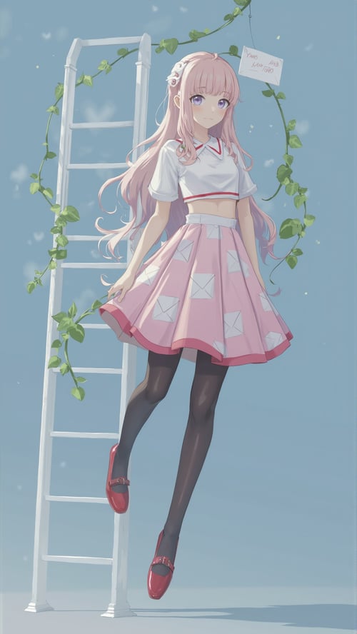 粉发少女梦幻微笑白T恤浅粉百褶裙 by 福喜闲人 on Tensor.Art