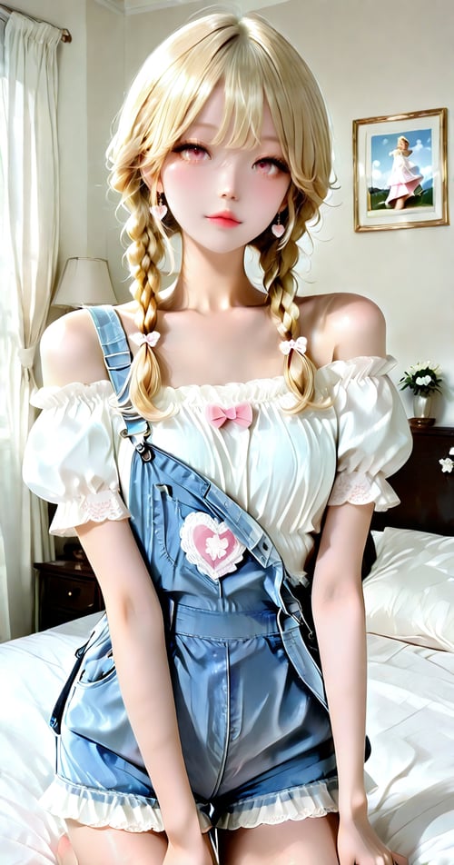 Lace Off Shoulder Blouse & Heart Patch Denim Short by reprinter on Tensor.Art