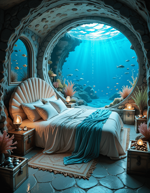 bedroom of the Mermaid v2 illu blue version by user_874754251056777575 on Tensor.Art