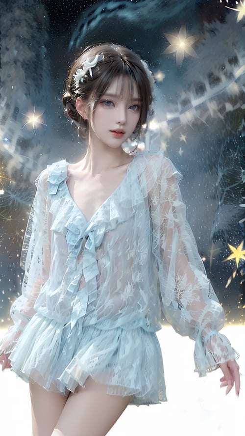 淺藍色法式V領蕾絲燈籠袖洋裝 by 小良 on Tensor.Art