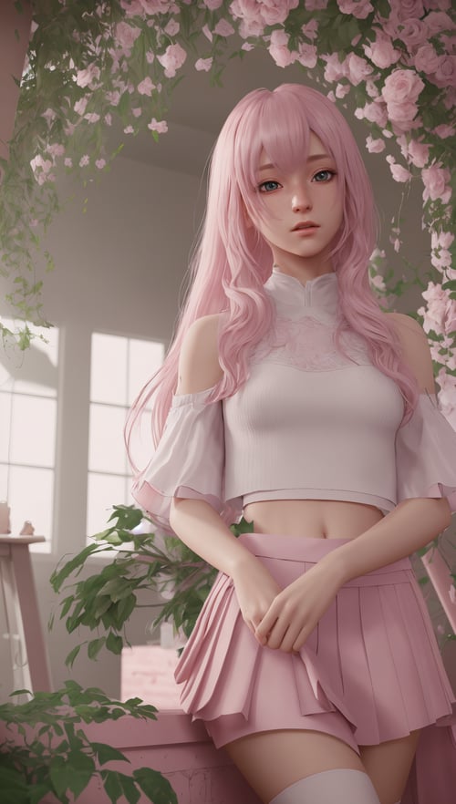 粉发少女梦幻微笑白T恤浅粉百褶裙 by 福喜闲人 on Tensor.Art