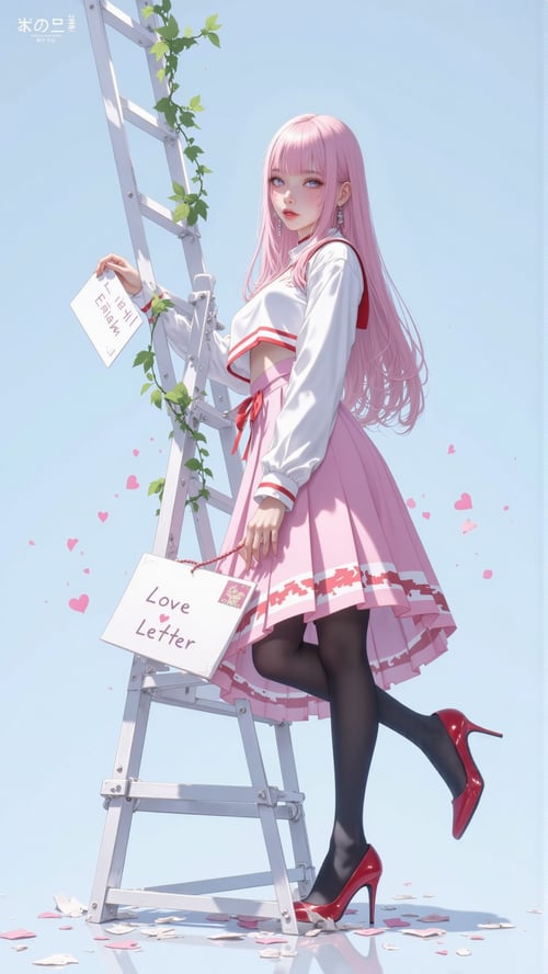 粉发少女梦幻微笑白T恤浅粉百褶裙 by 福喜闲人 on Tensor.Art