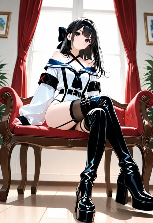 Off-shoulder sailor uniform with garter thigh-high by reprinter on Tensor.Art