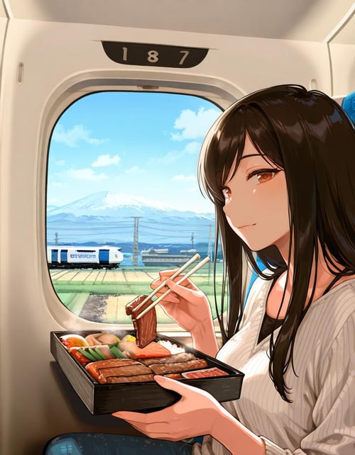 新幹線車内 、駅弁 、日本の風景 / Inside shinkansen , Ekiben , Japanese train window view by mutukazuki on Tensor.Art