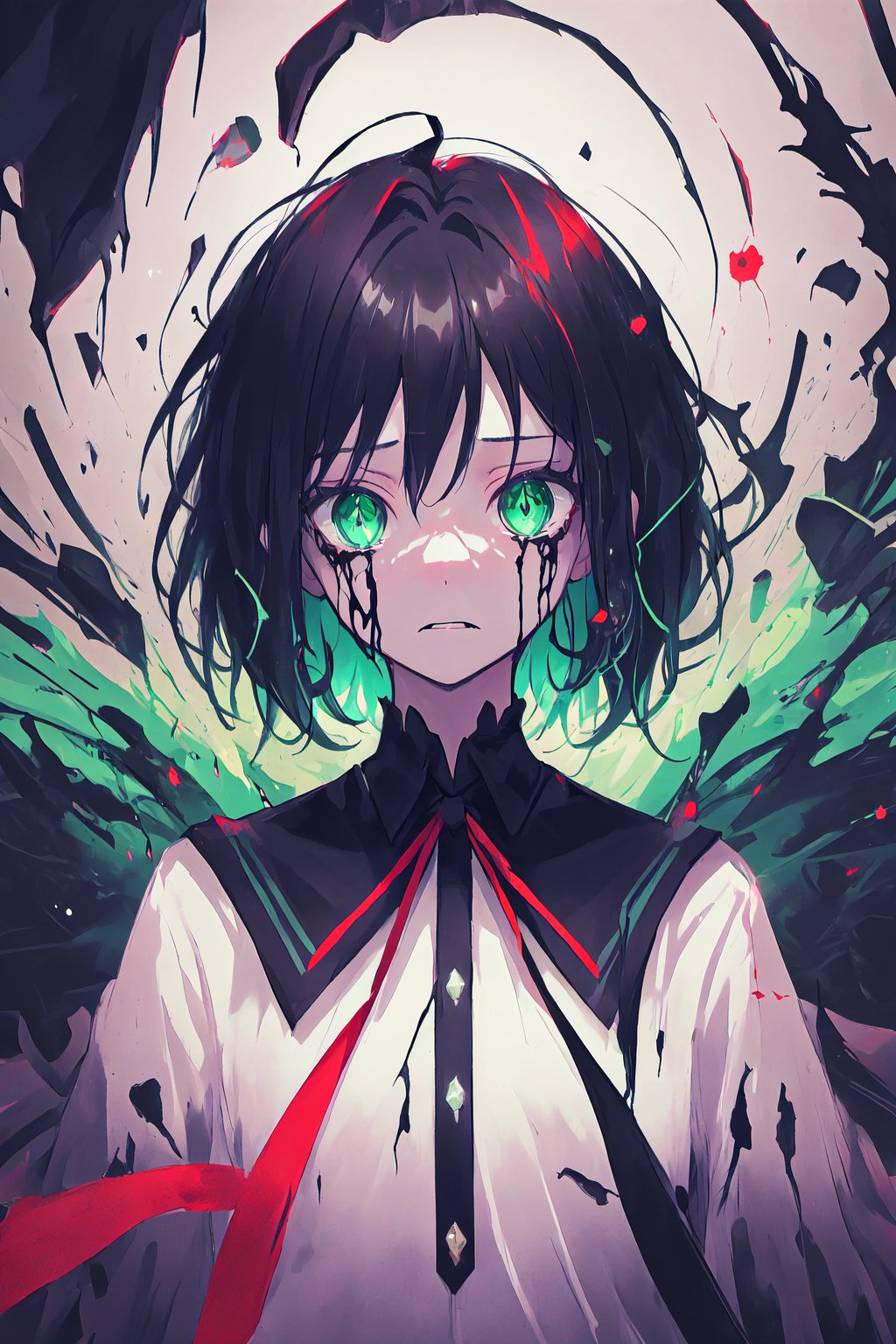 black hair, short hair, green eyes, sparkling eyes, pastel, abstract, particles, horror \(theme\), scary, ribbon, flowing hair, (nightmare), red, black, horrified, facing viewer, upper body, looking at viewer