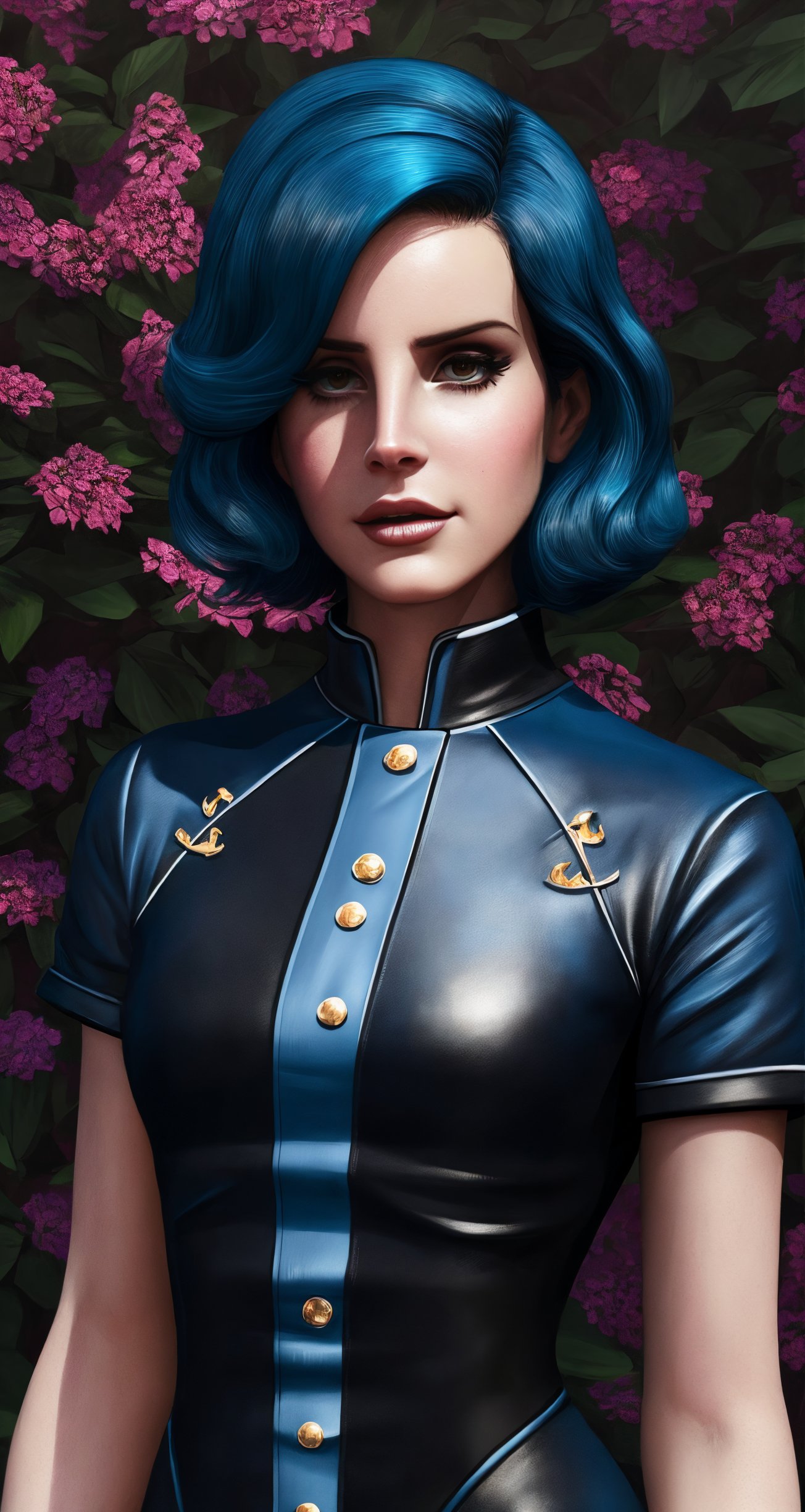 lana del rey, solo, blue hair, dark brown eyes, chef,  middle shot, realistic,3D VR painting, masterpiece, professional, high quality, beautiful, amazing, gothic, ConceptArtWorld, plugsuit, very short hair, masterpiece, highres,  4k, detailed background, flowery, (striped:0.8),