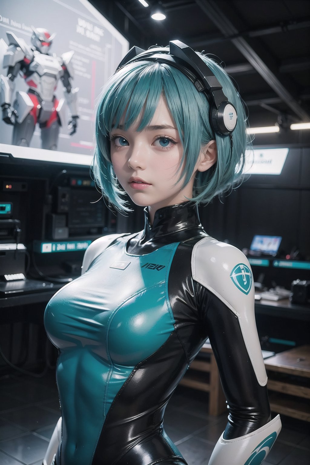 (masterpiece), science fiction, scenery,  1girl, short hair, bangs, aqua hair color, light blue eyes, mecha headgear, sci-fi bodysuits, 