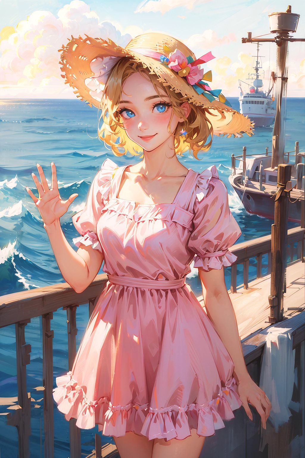 masterpiece,  best quality,  ultra-detailed,  8k,  professional artwork,  colorful,  high contrast,  soft lighting,  cowboy shot,  from front,  1girl,  solo,  (extremely beautiful,  super cute:1.3),  blonde hair,  (detailed face,  detailed skin,  perfect eyes,  detailed pupil),  (wearing a cute pink dress,  puffy short sleeves,  frills:1.2),  sun hat,  beautiful detailed hat,  detailed clothing,  (smile),  (waving one arm:1.2),  (looking at camera:1.3),  intricate details,  standing against railing,  on ship deck,  ocean at the back,  morning sky,  detailed complex background