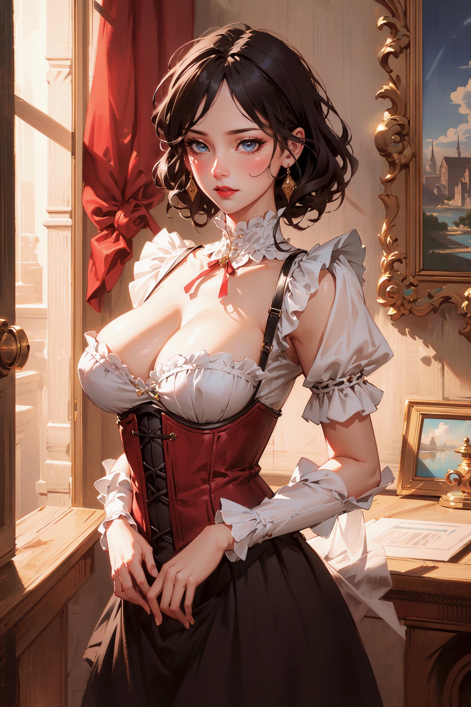 masterpiece,  best quality,  (ultra-detailed,  8k,  ultra highres),  award winning photo,  portrait of a victorian era princess,  xix century female,  (looking at camera, looking at viewer:1.4),  cowboy shot,  from front,  (wearing a cute red corset,  frilled corset),  backlit,  undercut hairstyle,  bigger bosom,  slimmer waist,  (extremely beautiful:1.3),  (red lips,  full lips:1.2),  perfect eyes,  pretty features,  highly detailed face,  highly detailed skin,  eyeliner,  (makeup:0.6),  intricate details,  digital painting,  concept art,  smooth,  sharp focus,  rule of thirds,  hyper-detailed,  extremely detailed complex background,  art by aleksi briclot and Greg Rutkowski