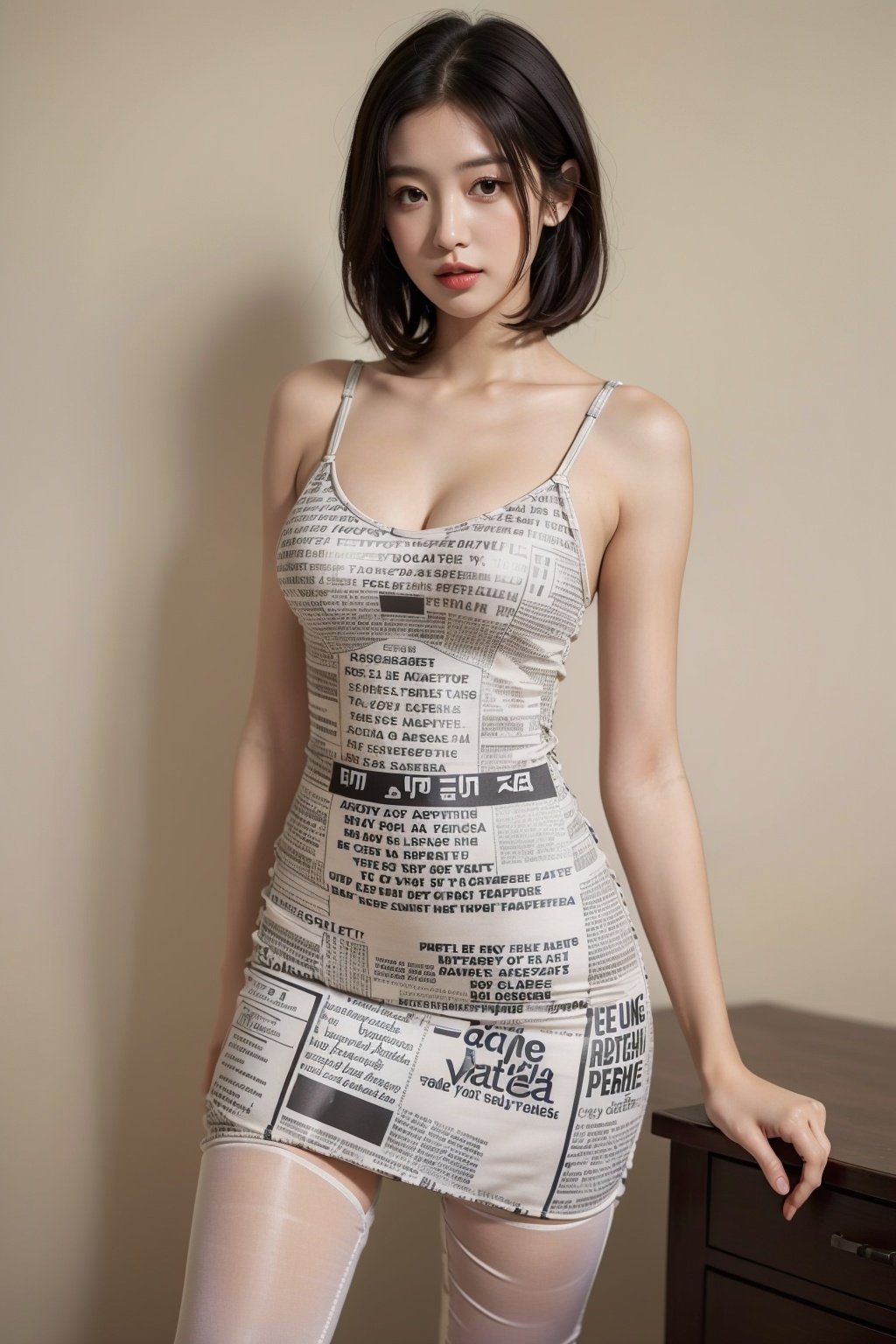  A girl, newspaper patterned dress, (newspaper style tight dress: 1.5), sexy, medium boobs, perfect body, short hair, model, real, best quality, 32k