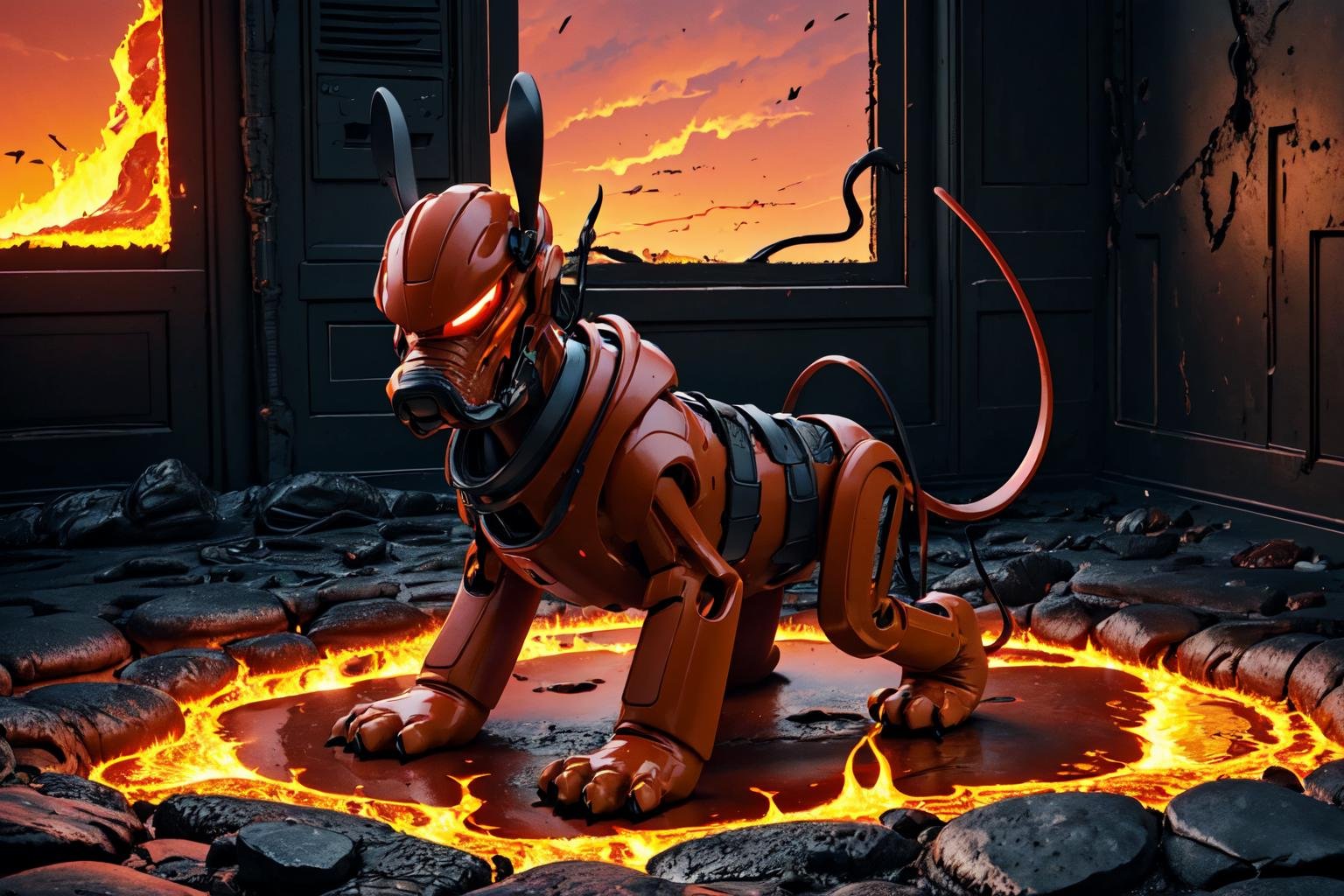 ((in hell, lava, red sky, burning)),  highres, ultra detailed, sharpen picture, Highly detailed, masterpiece, best quality, no human <lora:plutoLoRA:0.9> collar, pokemon (creature), no humans, dog, tail, animal ears, rabbit ears,  <lora:Sci-fi_style:0.8>armor, ground vehicle, helmet, holding, hoodie, indoors, male focus, power armor, science fiction, solo, sword, weapon