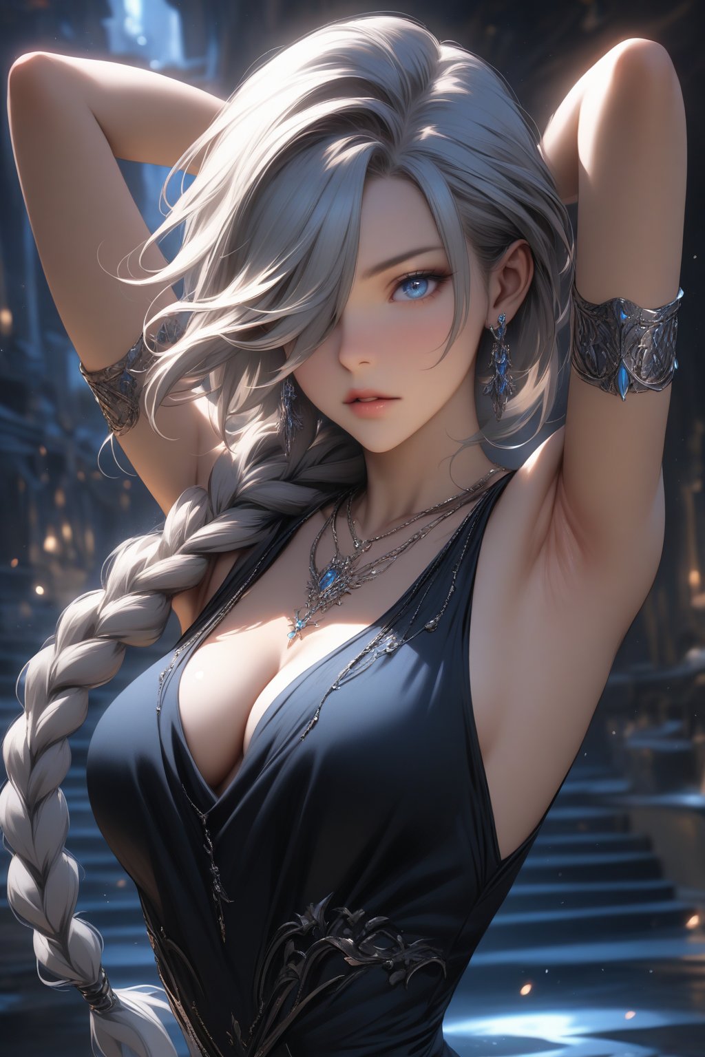 (masterpiece, best quality, absurdres, very aesthetic), dynamic cinematic view, chiaroscuro, 1girl, solo, long hair, looking at viewer, blue eyes, cleavage, jewelry, medium breasts, upper body, grey hair, earrings, parted lips, black skirt, armpits, necklace, hair over one eye, arms up, sleeveless shirt, blue shirt, arms behind head, armlet, single braided ponytail