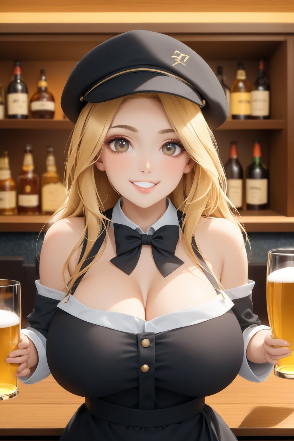 score_10, score_9, 1girl,solo,long hair,breasts,looking at viewer,smile,blonde hair,large breasts,hat,bow,holding,cleavage,bare shoulders,brown eyes,parted lips,indoors,bowtie,grin,apron,cup,lips,black headwear,black bow,bottle,waist apron,holding cup,alcohol,drinking glass,black bowtie,bar (place)a woman in a black top and a white skirt holding a beer