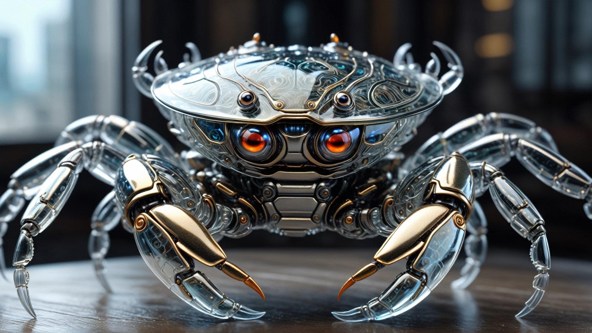 a biomechanical crab made out of glass, (transparent), (intricate detailed), UHD, HDR+, (hyperdetailed:1.2), centered,cyborg style,Movie Still,Leonardo Style